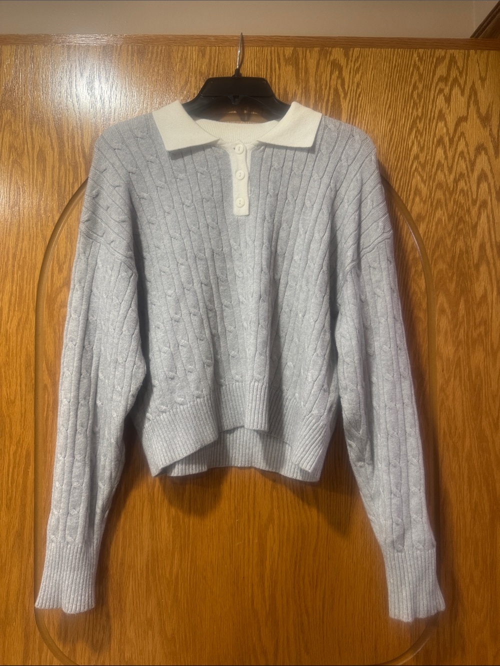 Fashion Nova Light Gray Cable Knit Polo Sweater with Cream Collar
